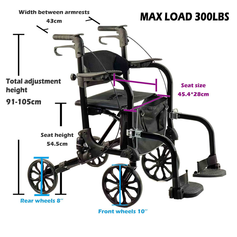 좌석과 브레이크가 있는 알루미늄 4륜 보행 보조기 휠체어